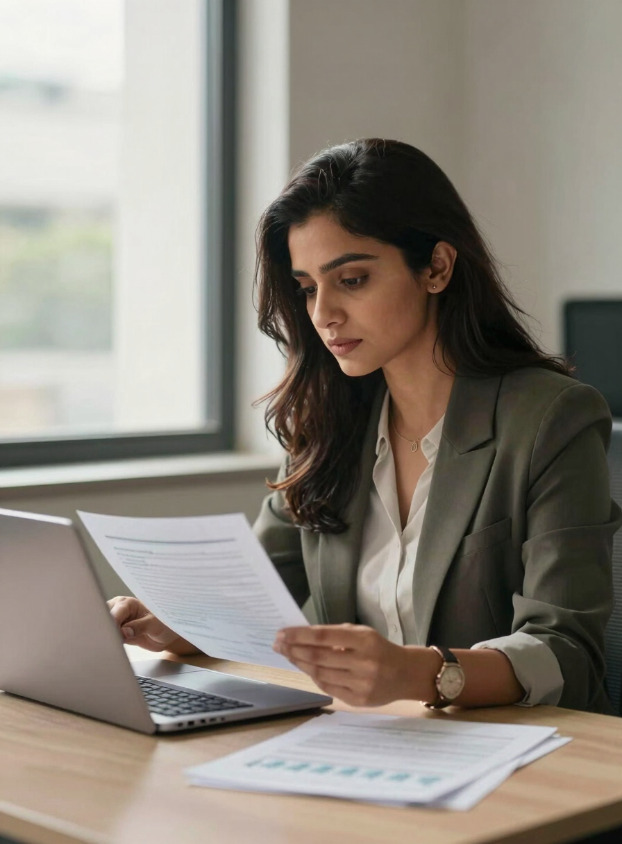 Medium shot of Darshi Kasotia seated at a clean desk near a large window, natural daylight falling softly across her face and laptop screen, reviewing financial documents with calm focus, warm neutral office background, no posturing