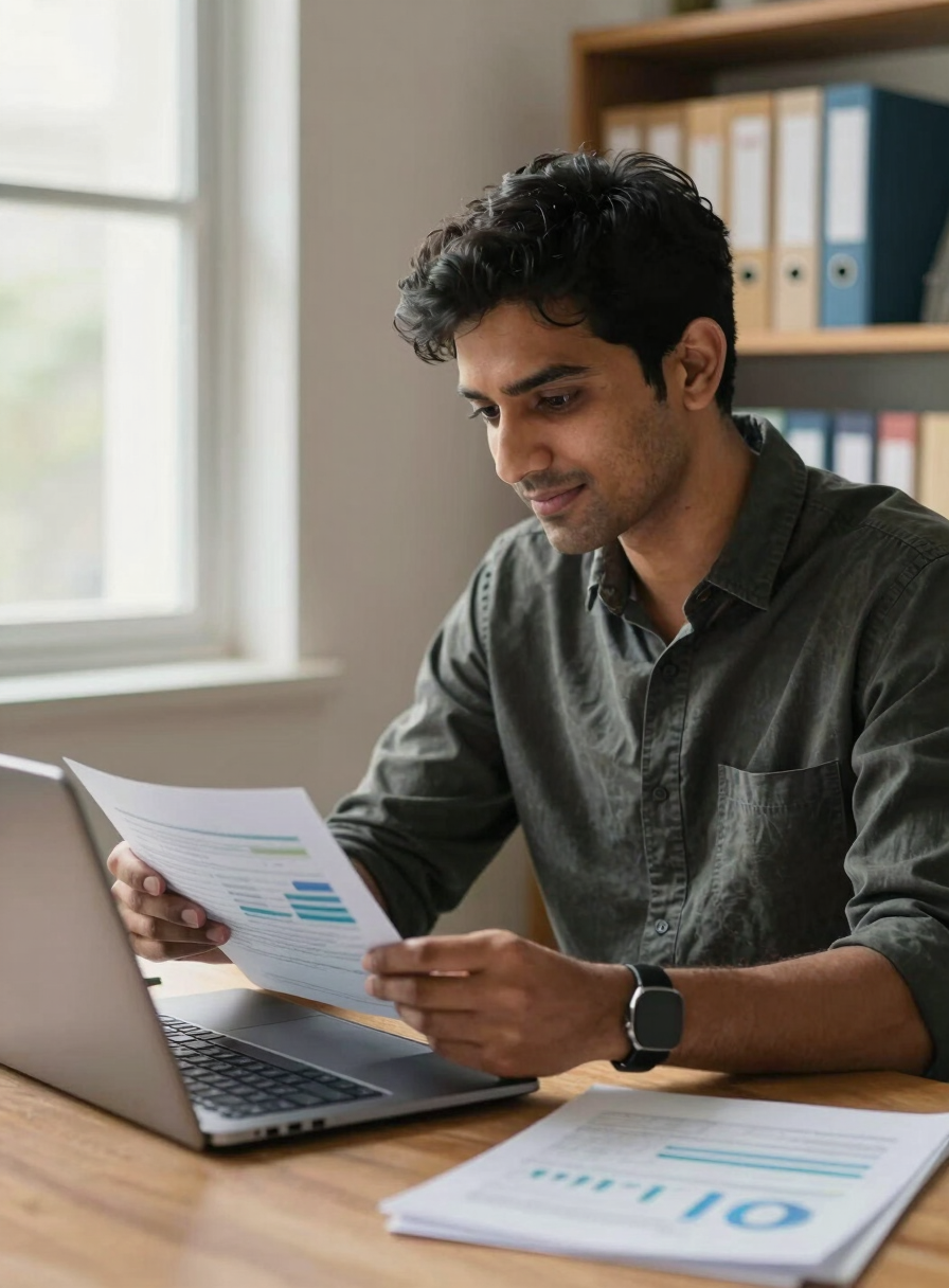 Medium shot of Darshi at a tidy desk, natural window light from the left, reviewing a clean financial report on an open laptop screen, organized folders visible in the background, warm and approachable expression — no clutter, no drama